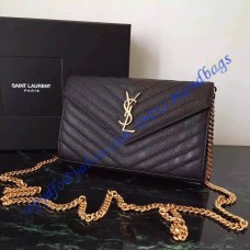 Monogram Chain Wallet in Black Grain de Poudre Textured Matelasse Leather with Gold-toned Hardware