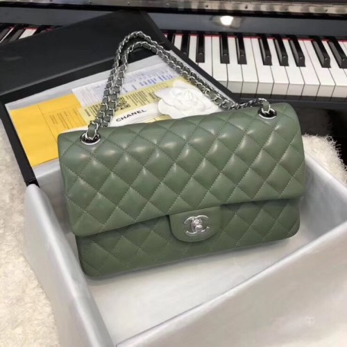 Chanel Small Classic Flap Bag in Green Lambskin with silver hardware ...