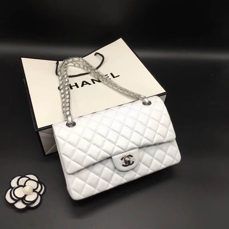 Chanel Small Classic Flap Bag in White Lambskin with silver hardware