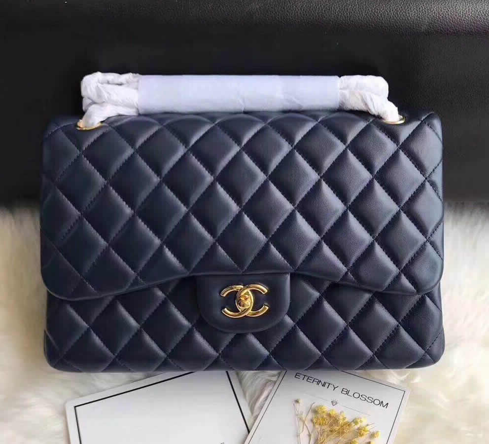 Chanel Jumbo Classic Flap Bag in Dark Blue Lambskin with golden ...