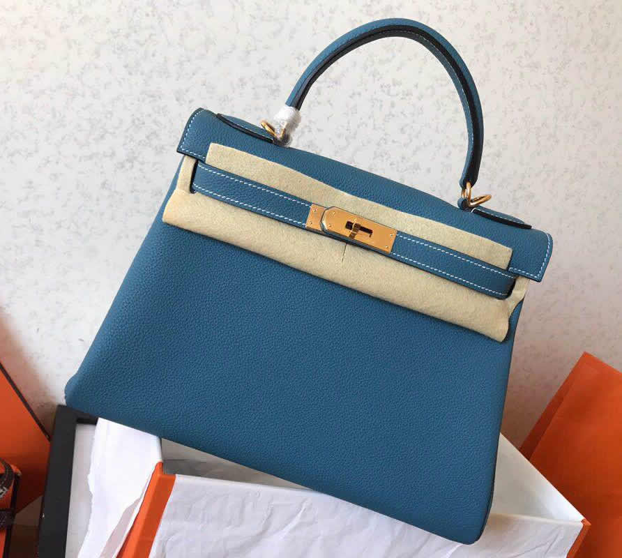 Hermes Kelly 32cm in Blue Jean Togo Leather Golden Hardware